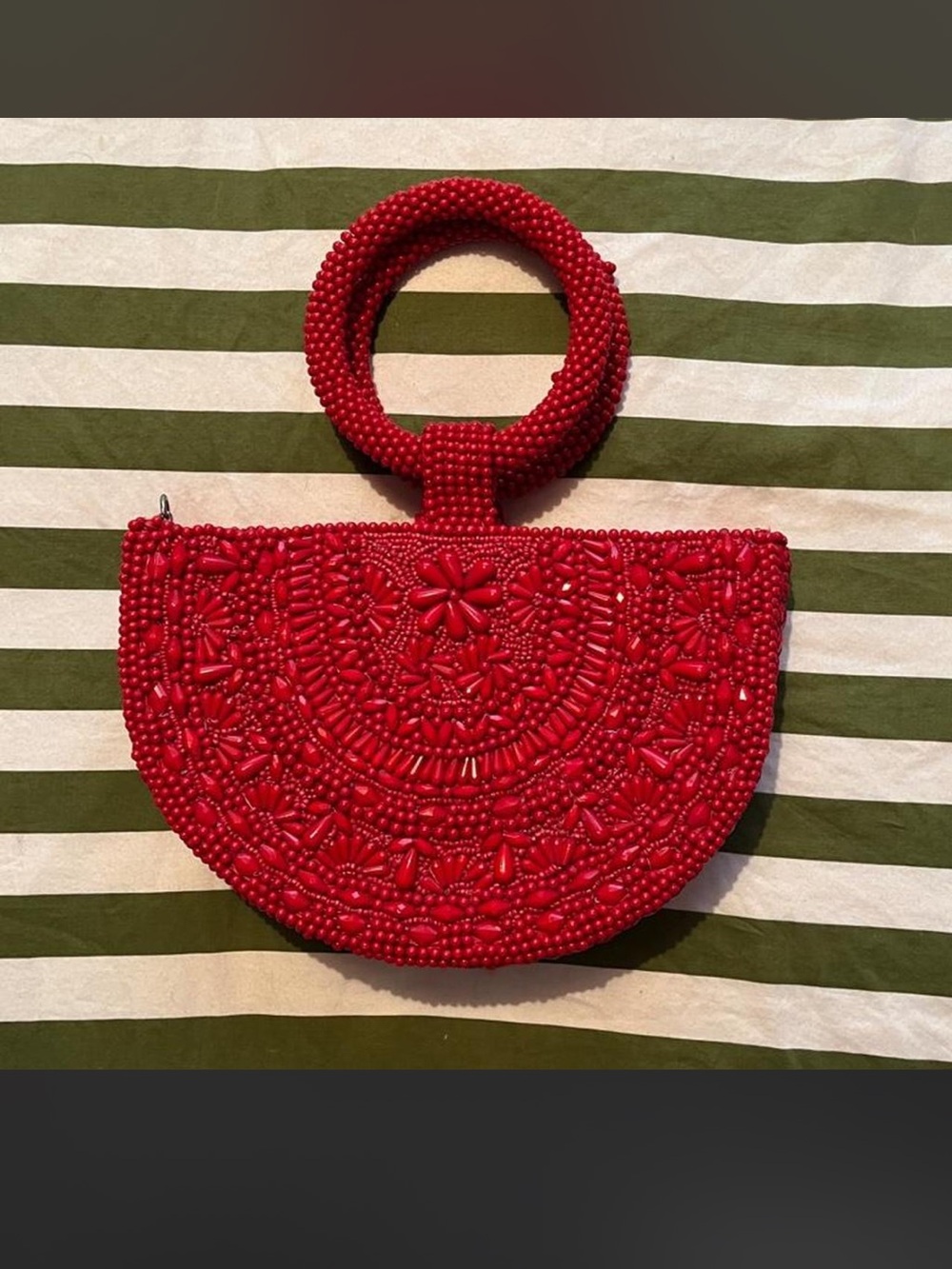 Red Beaded Half-Moon Handbag with Round Handle